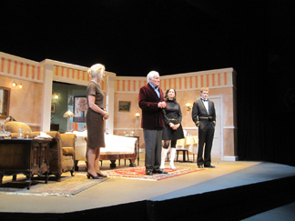 Orson Bean (center) speaks with the audience at Shadowland Theatre in Ellenville, NY after the performance of Noël Coward's "A Song at Twilight". Other cast members Alley Mills (L), Barbara Walsh (3rd from L) and Andrew Krug (R) look on.