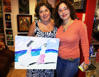 Myra Schwartz and Nayda Bonet with Myra's painting “Las Brisas del Secreto”