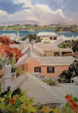 rooftops painting by diana amos of bermuda shows the water collection roofs seen throughout bermuda.