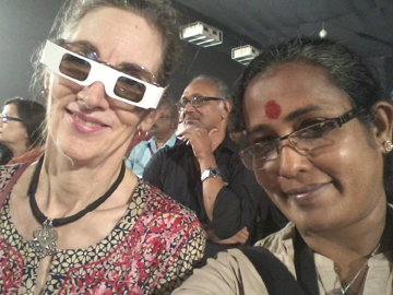 Gail Levin (in 3-D glasses) and artist Sajitha Shankhar at the International Film Festival of Kerala, December 2015.