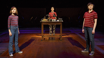 Fun Home, original Broadway cast. From left: Sydney Lucas as Small Alison; Beth Malone as Alison, and Emily Skeggs as Medium Alison. Photo by Joan Marcus.